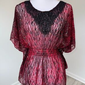 HeartSoul‎ Lace Boho Blouse XL Sheer Red Black Top Sparkle Grunge Witchy Vampire
